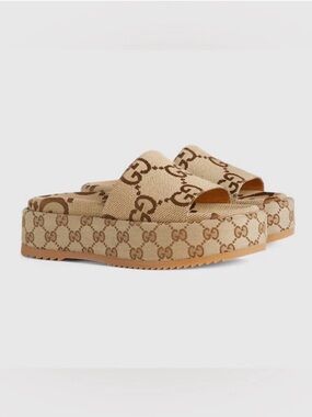 Gucci Angelina Maxi Tan & Brown GG Monogram Canvas Platform Slide Sandals SZ 9